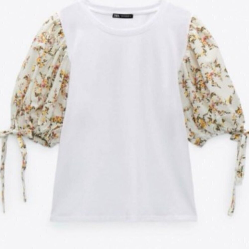 ZARA puff sleeve floral print cut and sew SIZE S 1165/026/250